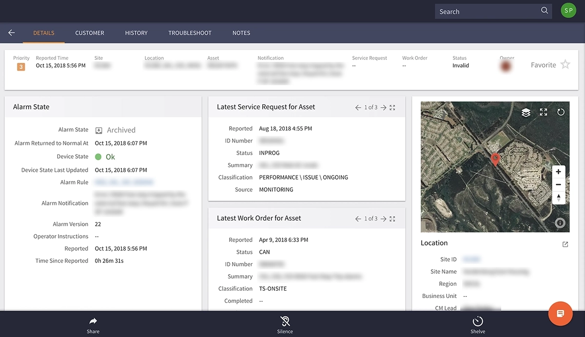 Solar site monitoring dashboard showing alarm state, latest service request, work order, and site location
